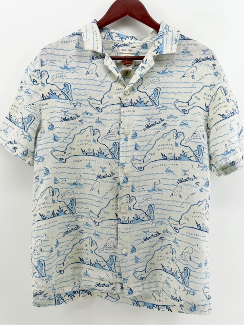 C&C California Men’s Medium 100% Linen Martha's Vineyard Map Print Coastal Shirt